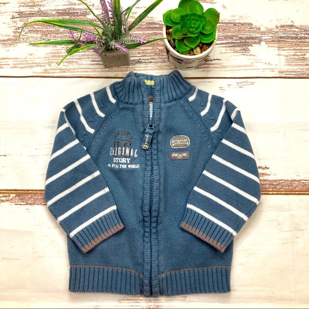 Cadet Rousselle Sweater ZipUp Blue & White Woven Sz 12M